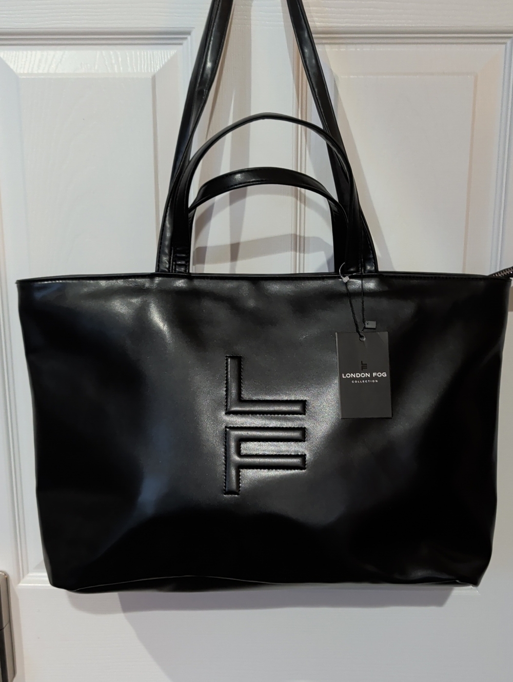 London Fog Black Faux Leather Tote with Embossed LF Logo